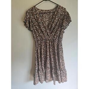 Hapsho Floral V Neck Flowly Short Sleeve Dress (L)